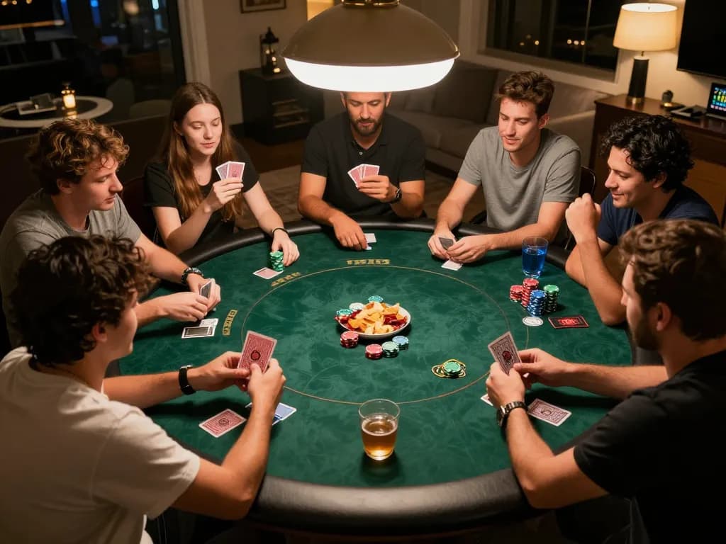 Friends playing poker at home, engaging in strategic gameplay with Sunwin, surrounded by snacks and drinks.