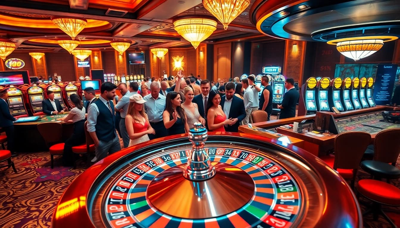 Players enjoying an exciting game at https://tg88k.online/ casino table with roulette wheel and bright lights.