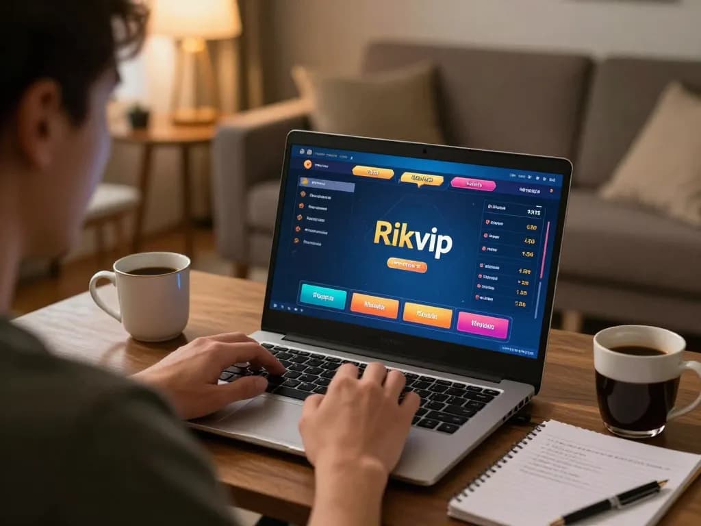 Engaging in online gambling at home with rikvip game interface displayed on laptop.