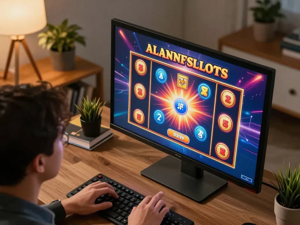 Player enjoying a gacor slot game on a widescreen monitor, highlighting online gaming excitement.