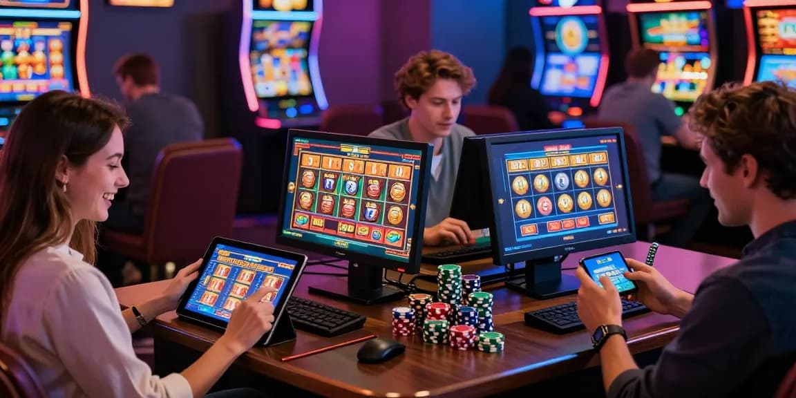 Excited players engaging with bonus buy slots on devices in a lively online casino atmosphere.