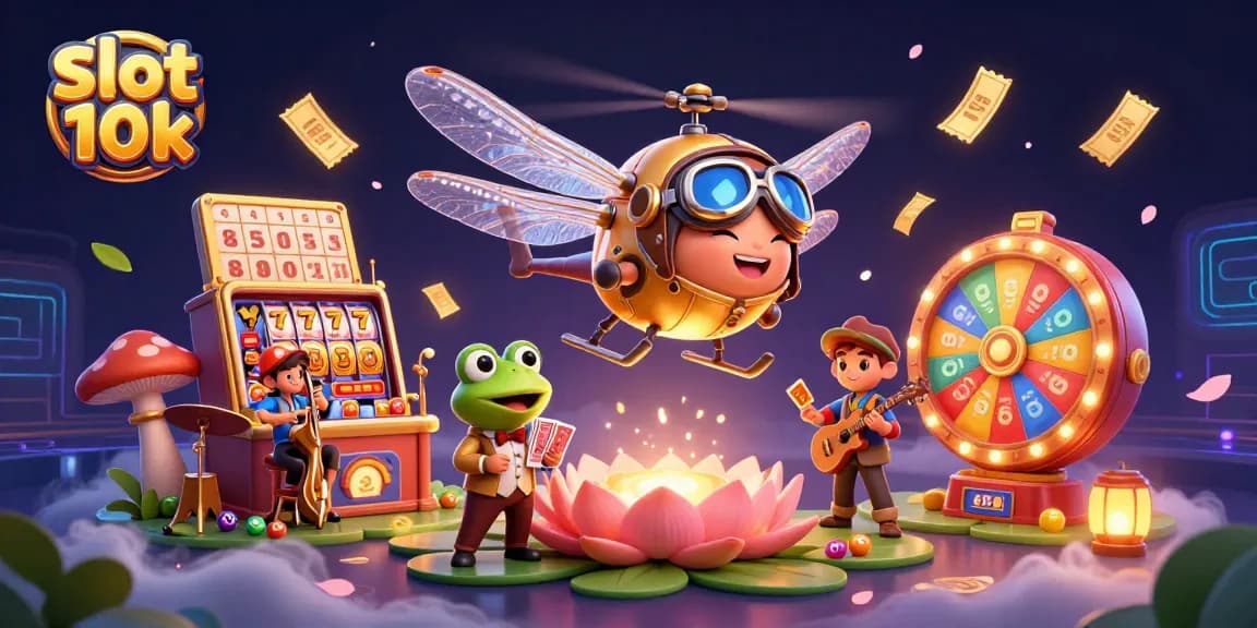 Experience excitement with slot 10k surrounded by a dragonfly pilot, frog croupier, and musical crickets.