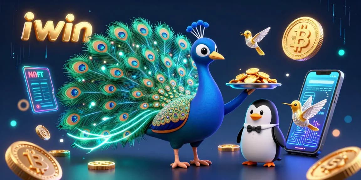 Join the excitement at iwin with a colorful 3D representation of a peacock, chips, and crypto elements.