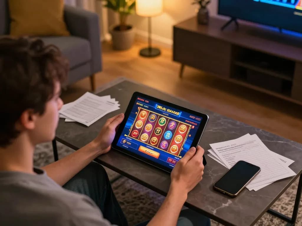 Engaging with the 32win online gaming platform on a tablet in a cozy home setting.