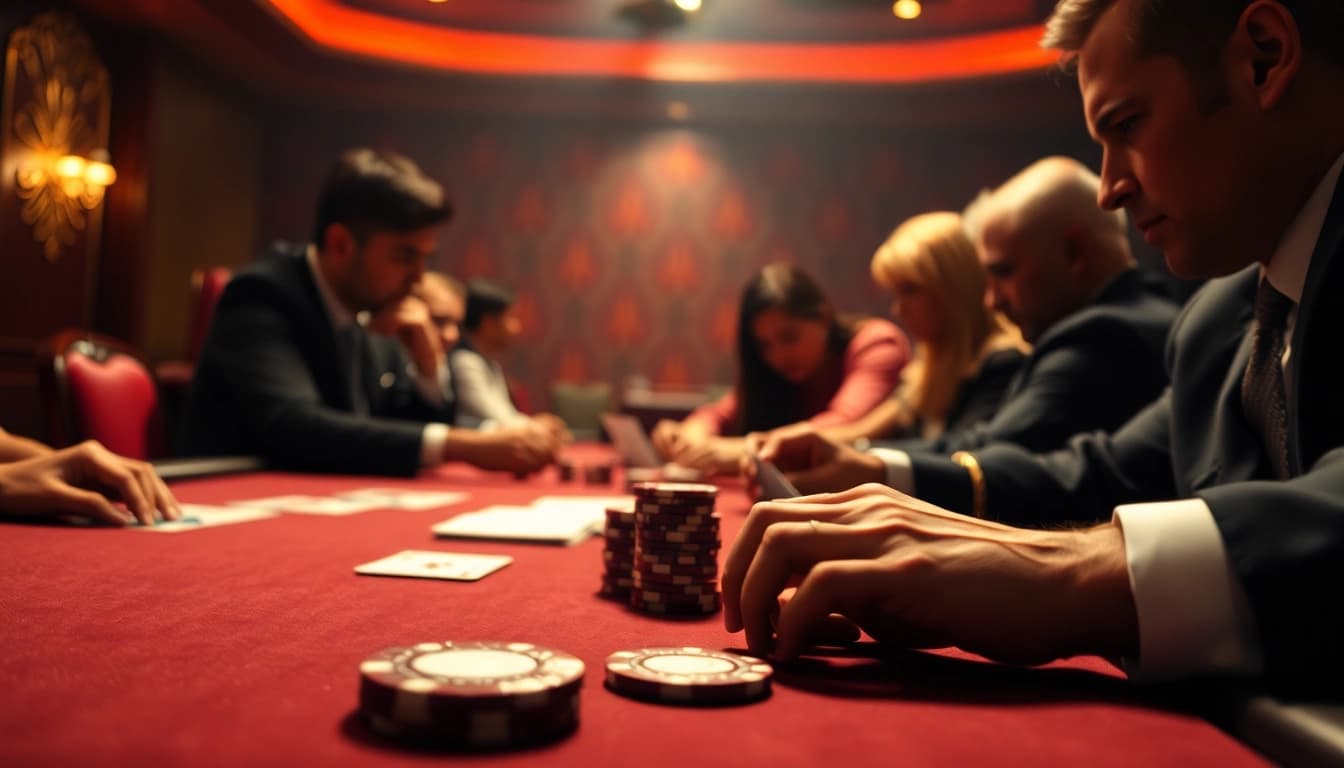Meningkatkan arus hoki di meja poker dengan pemain fokus, suasana tegang dan mewah.