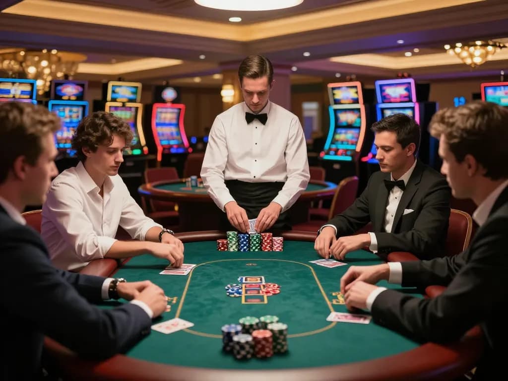 F168 poker players strategizing at a high-stakes table in a luxurious casino.