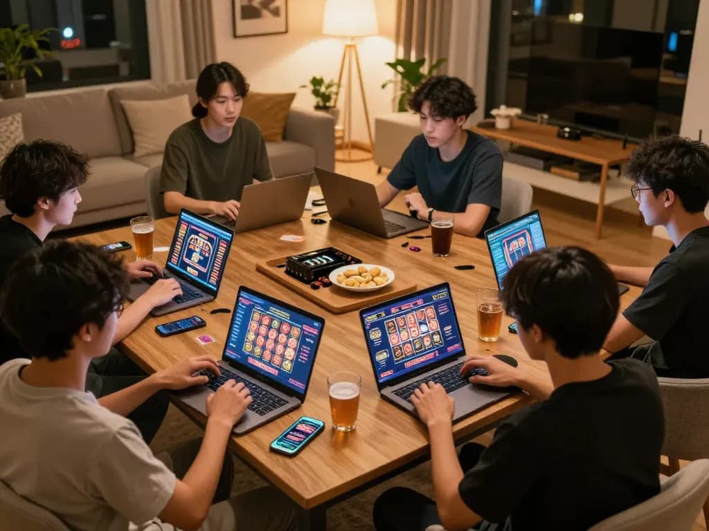 Engage in thrilling online gaming at vipwin with friends surrounded by snacks and drinks.