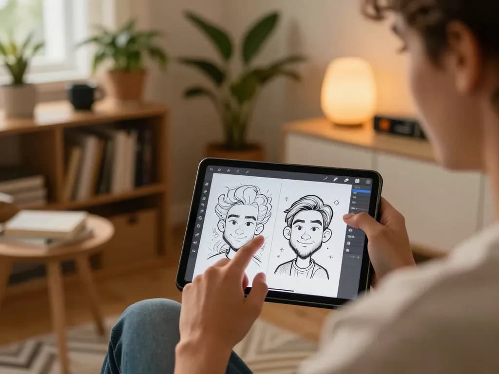 Creating Chatgpt caricature on a tablet in a cozy home setting