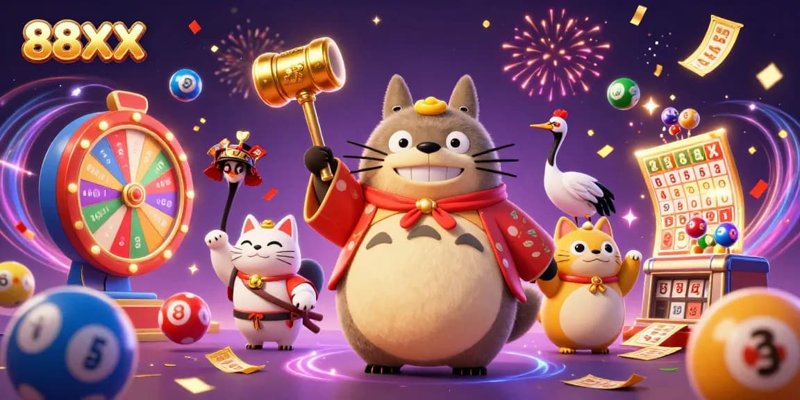 Experience 88XX in this vibrant scene with festive symbols, colorful lottery elements, and cheerful characters.
