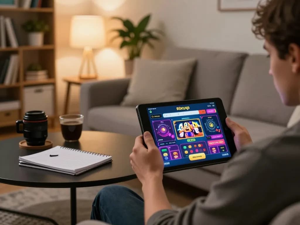 Player engaging with the rikvip casino app on a tablet, surrounded by strategy notes in a cozy home setting.