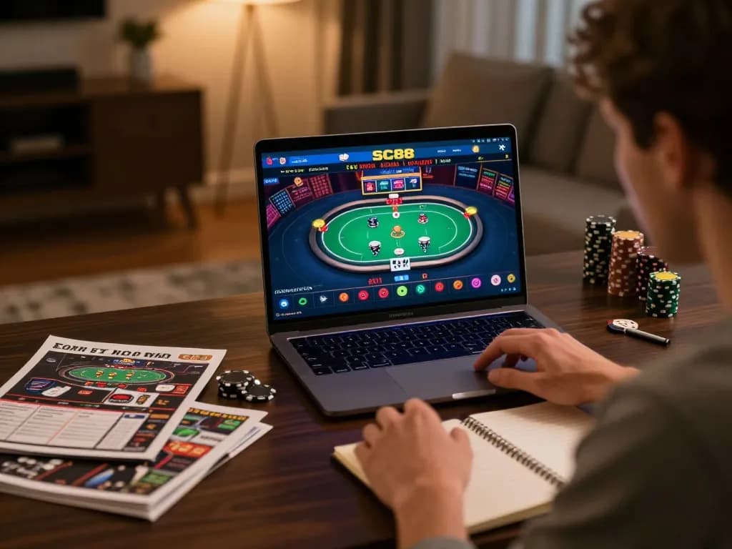 SC88 player engaging in strategic online poker game at home, showcasing focused gaming setup.