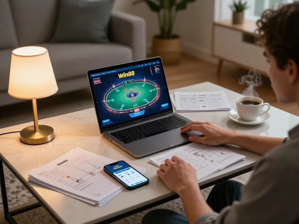 Player engaged in online poker at the Win88 club in a cozy home setting.