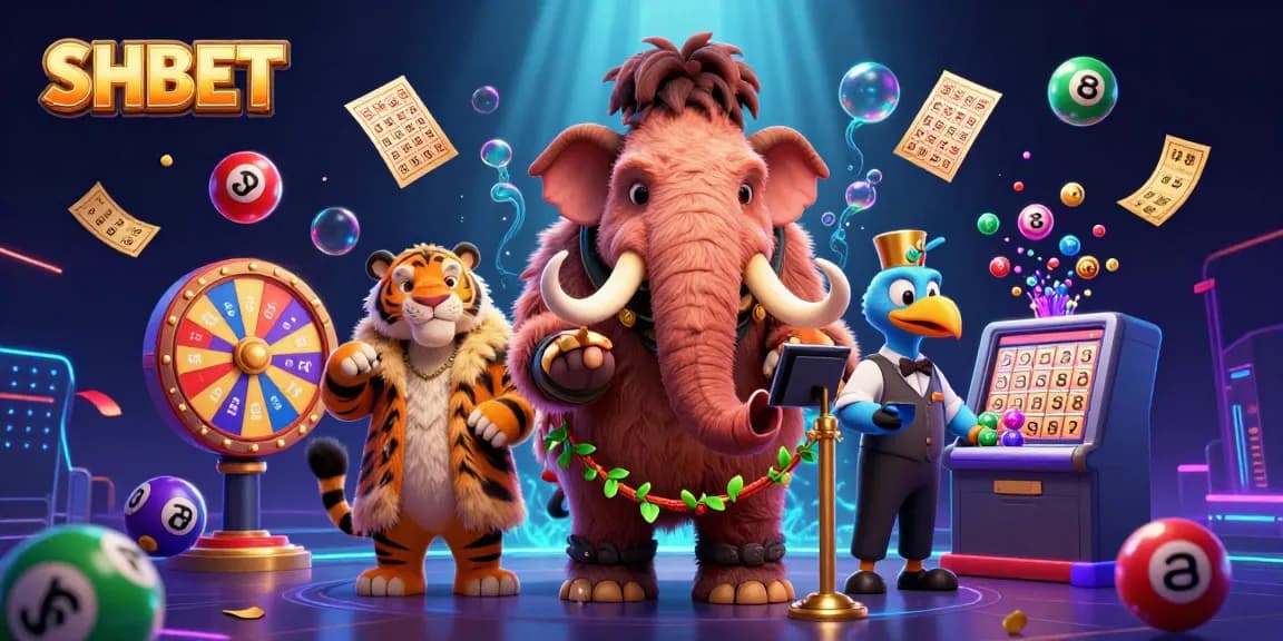 SHBET casino illustration featuring vibrant lottery elements and unique animal characters engaging in gaming excitement.