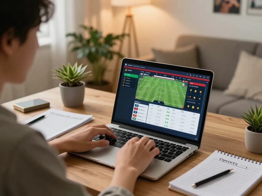 Person analyzing sports betting options on a laptop, showcasing Go8 gambling strategies in a home office.