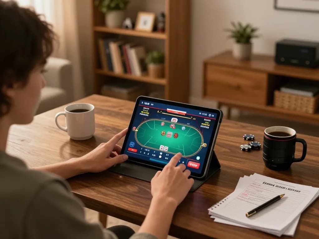 Engaging in tr88 đăng ký during a cozy online poker game at home, showcasing a tablet display