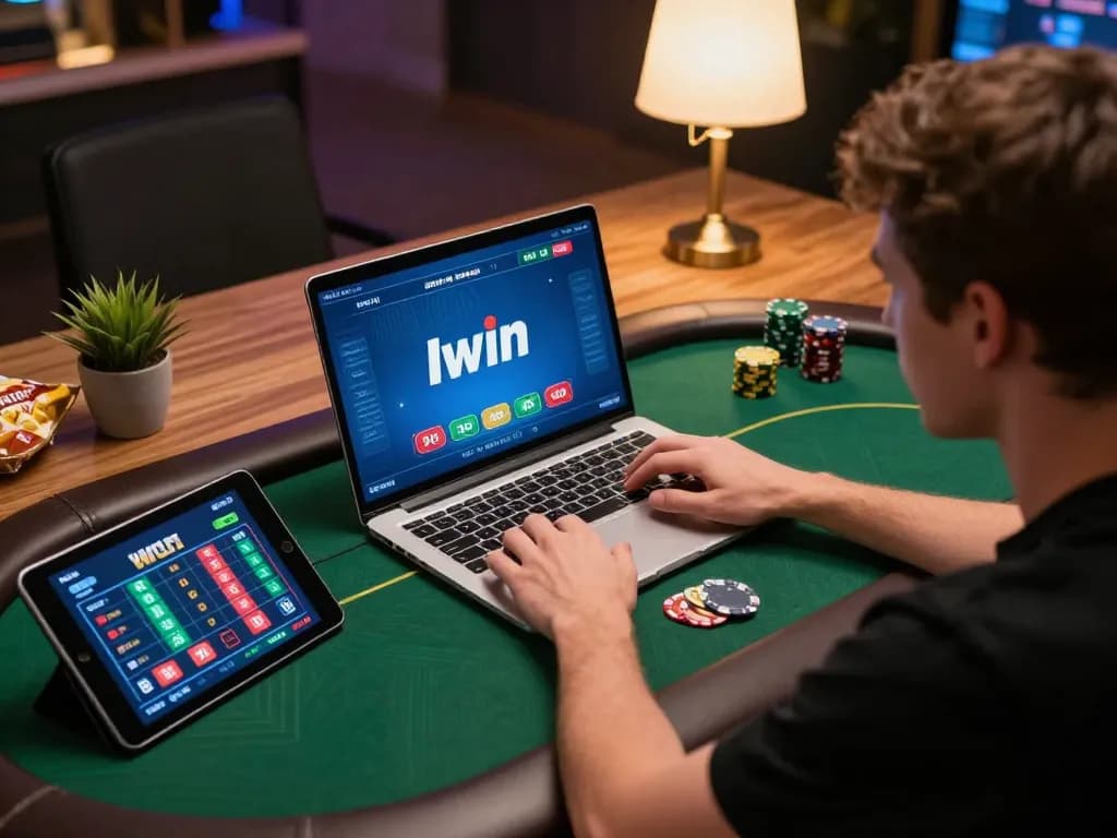 Iwin poker game in progress on laptop with player strategizing and real-time bets displayed on screen.