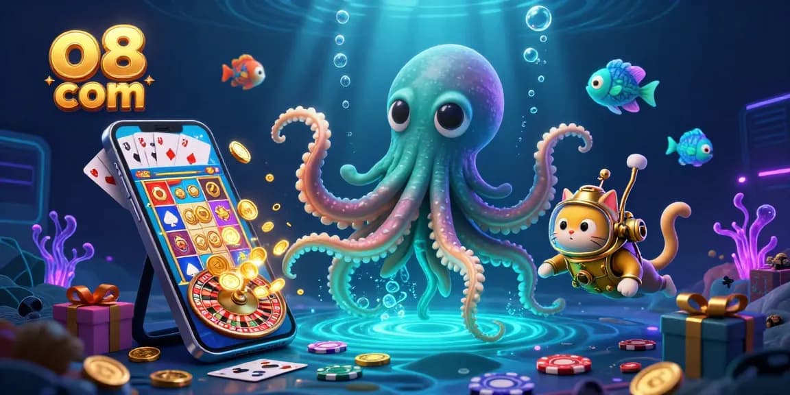 Engage in thrilling gaming adventures at o8 com, featuring a kraken, diving cat, and animated slot action.