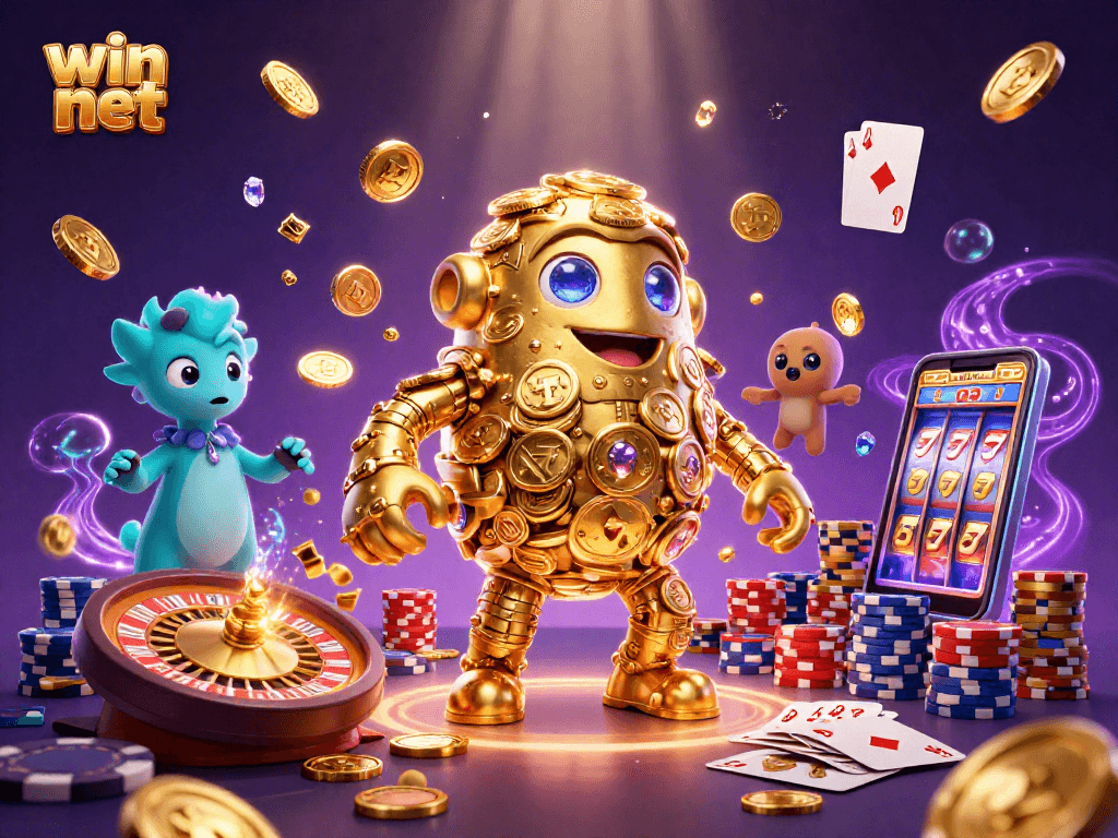 Spin to win net: A vibrant digital casino scene featuring a golden golem and dynamic slot elements.