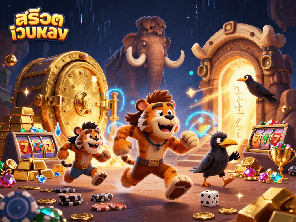 Play with สล็อตเว็บตรง in a vibrant, prehistoric casino setting full of treasures and excitement.