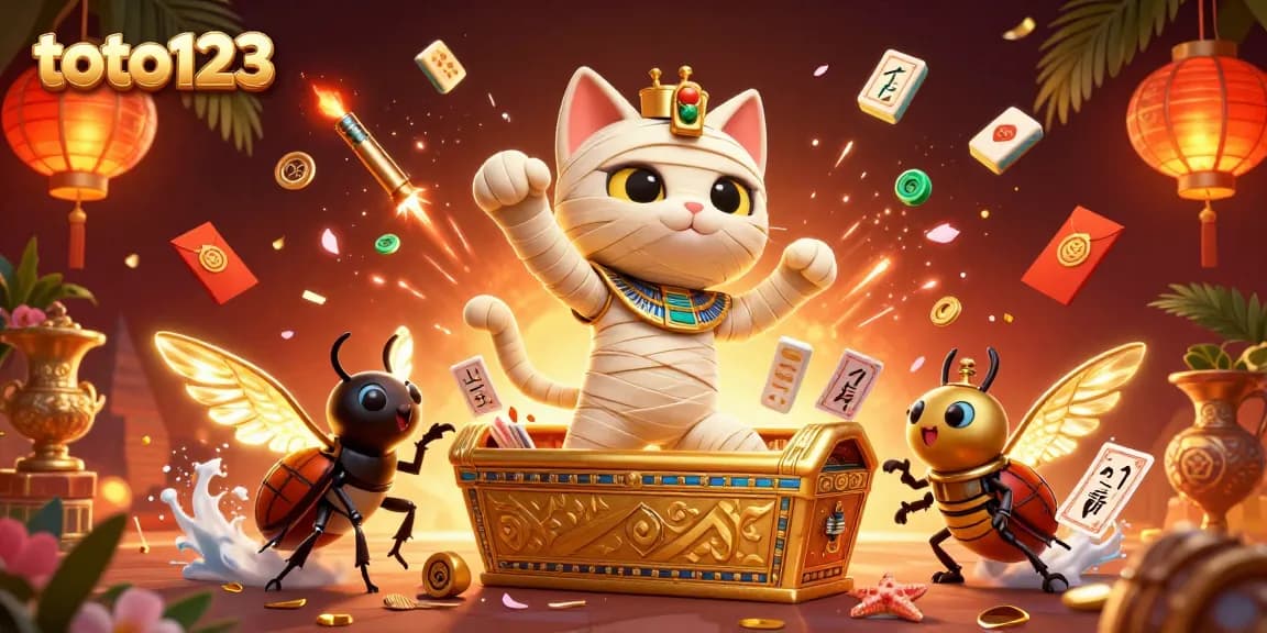 Experience thrilling games on toto123 with a mummy cat and scarab beetle in a vibrant casino scene.