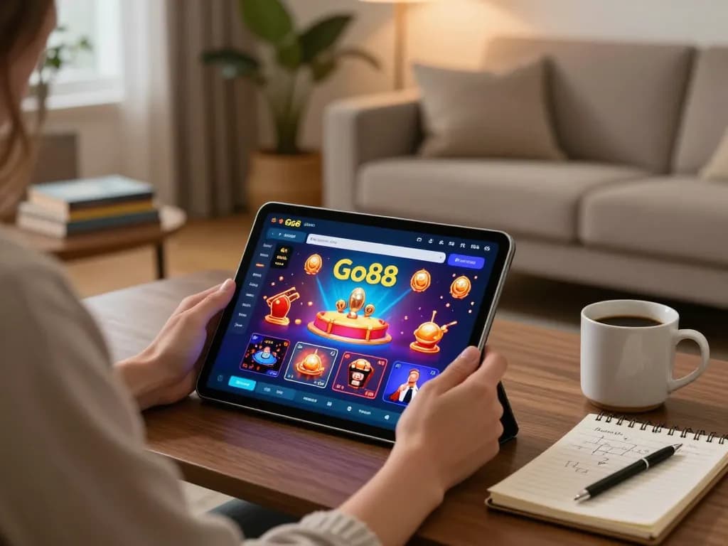 Go88 online gaming experience, player engaging with casino app on tablet at home, warm lighting ambiance.