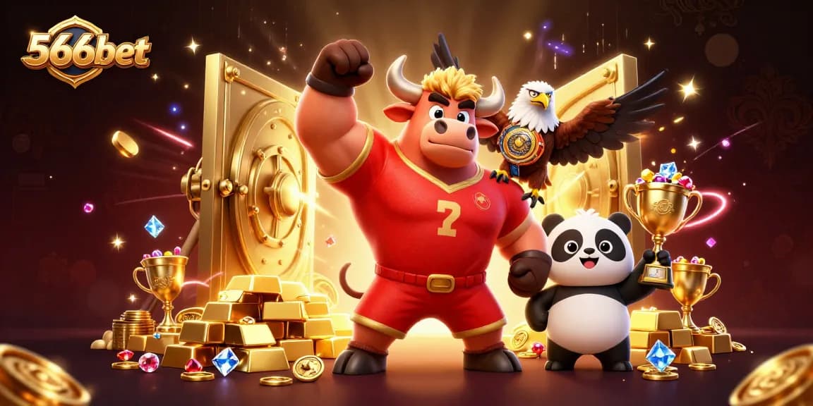 Join the fun at 566bet as characters revel in casino wins with treasures, trophies, and games.