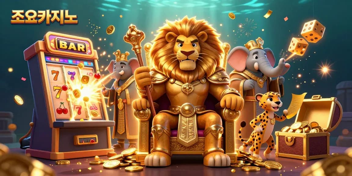 Engage with 조이카지노 as the lion king leads a festive casino scene brimming with games and excitement.
