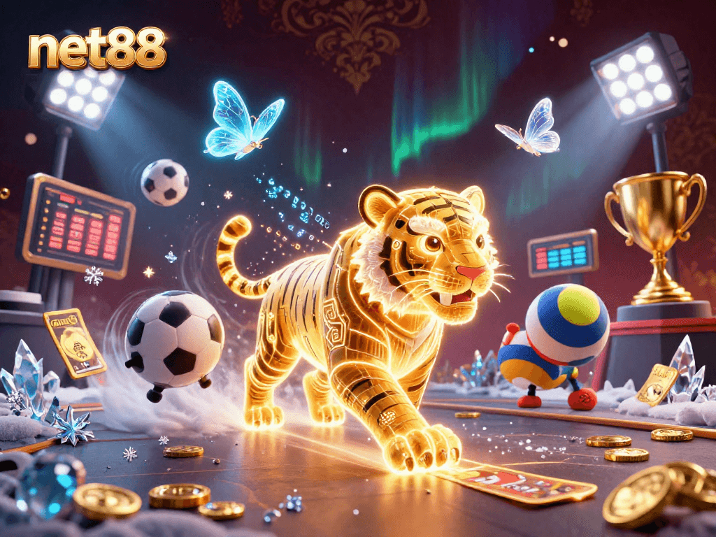 Experience the excitement of net88 in this vibrant digital casino scene with dynamic sports elements.
