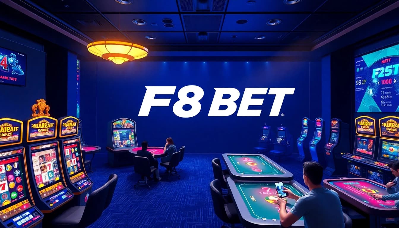 F8 BET online gaming environment with virtual slot machines and engaged players, showcasing a modern digital casino.