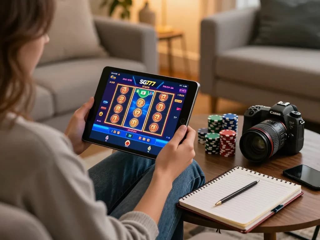 Engaging with the SG777 casino app on a tablet while practicing responsible gaming strategies at home.