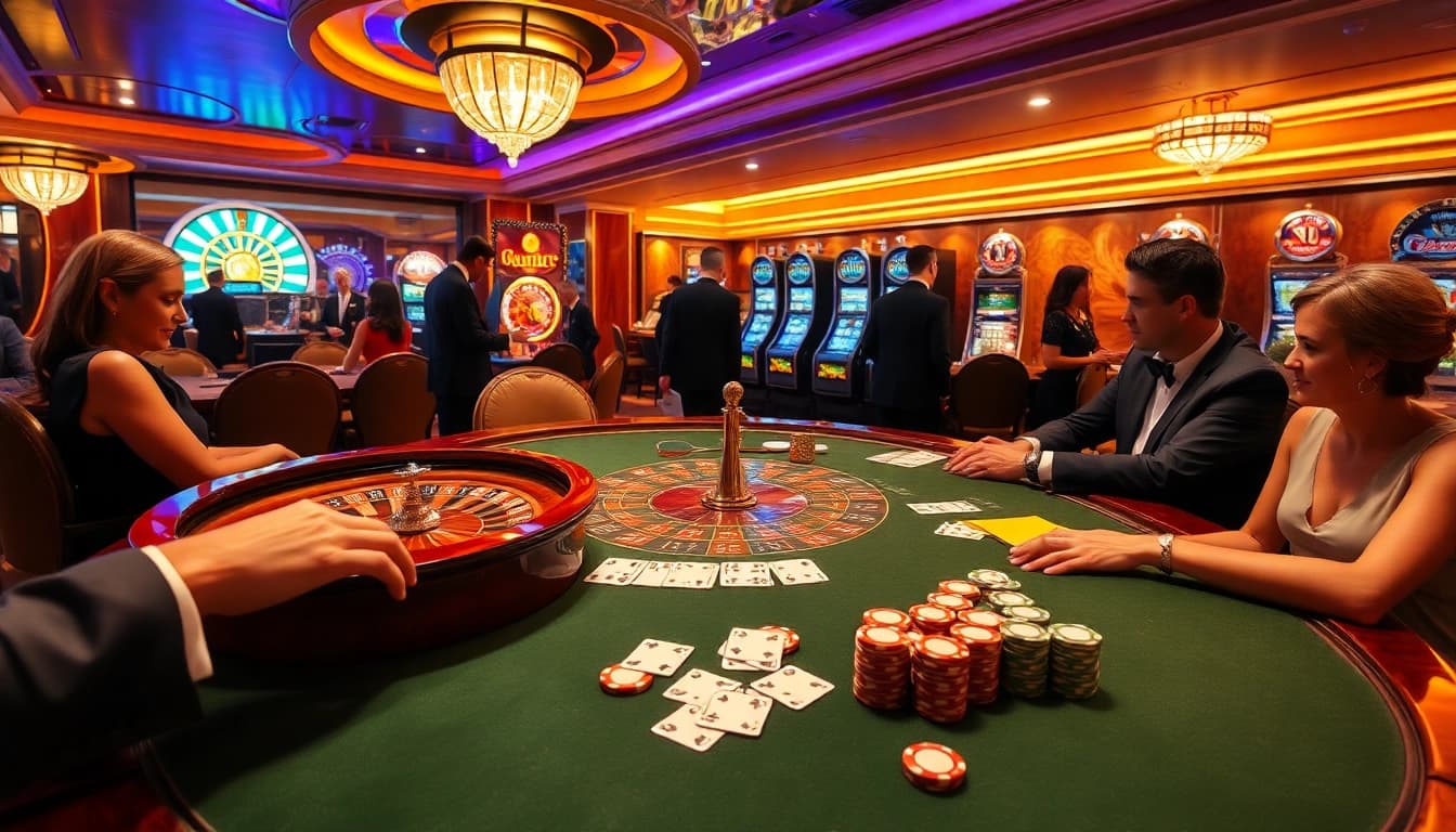 Patrons enjoying gambling at a luxurious SX88-themed casino table filled with poker chips and cards.