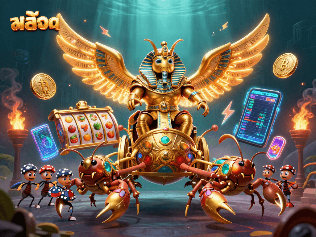 Engage in thrilling slot action with สล็อต, featuring a majestic scarab beetle and golden elements.