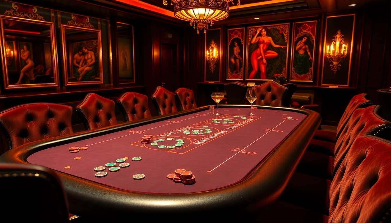 Experience thrilling poker gameplay with engaging porn games at a luxurious casino table.