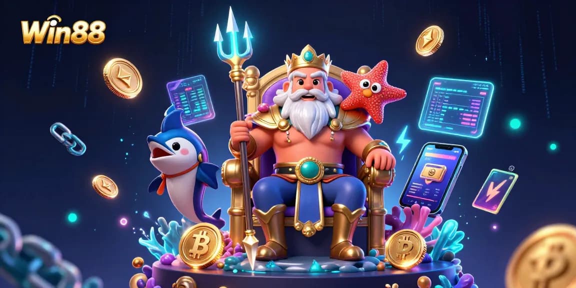 Win88 gaming experience with Neptune, swordfish samurai, and starfish in a vibrant casino scene.