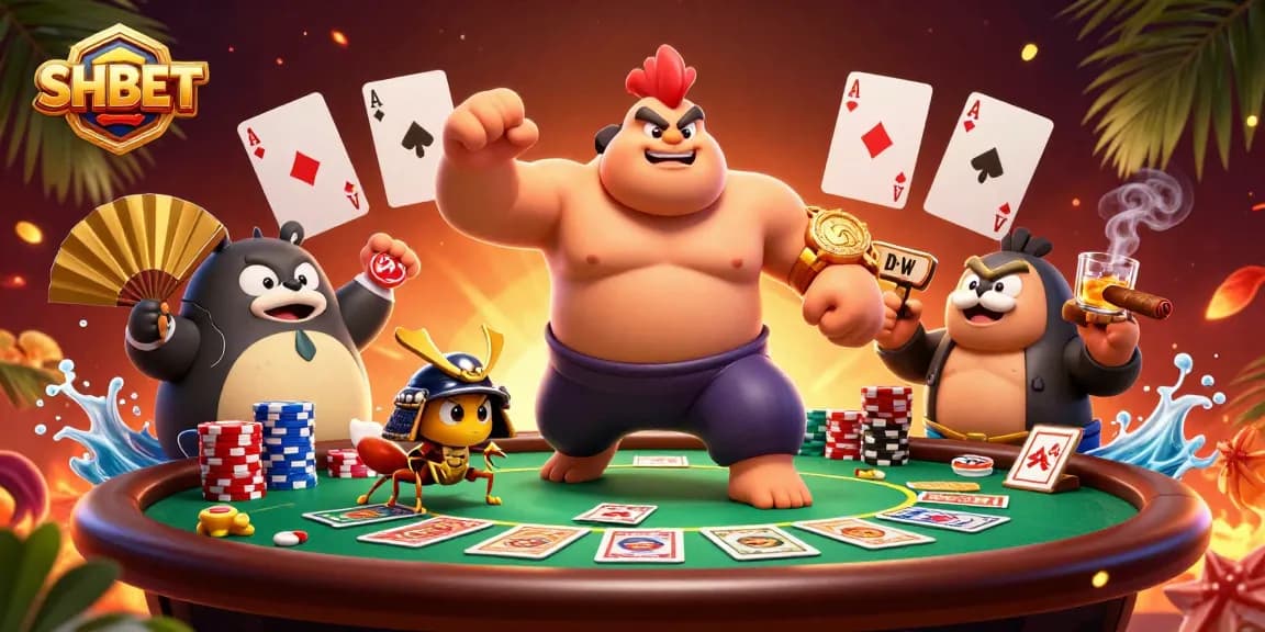 Experience SHBET's thrilling world of gaming with vibrant characters and rich poker elements.