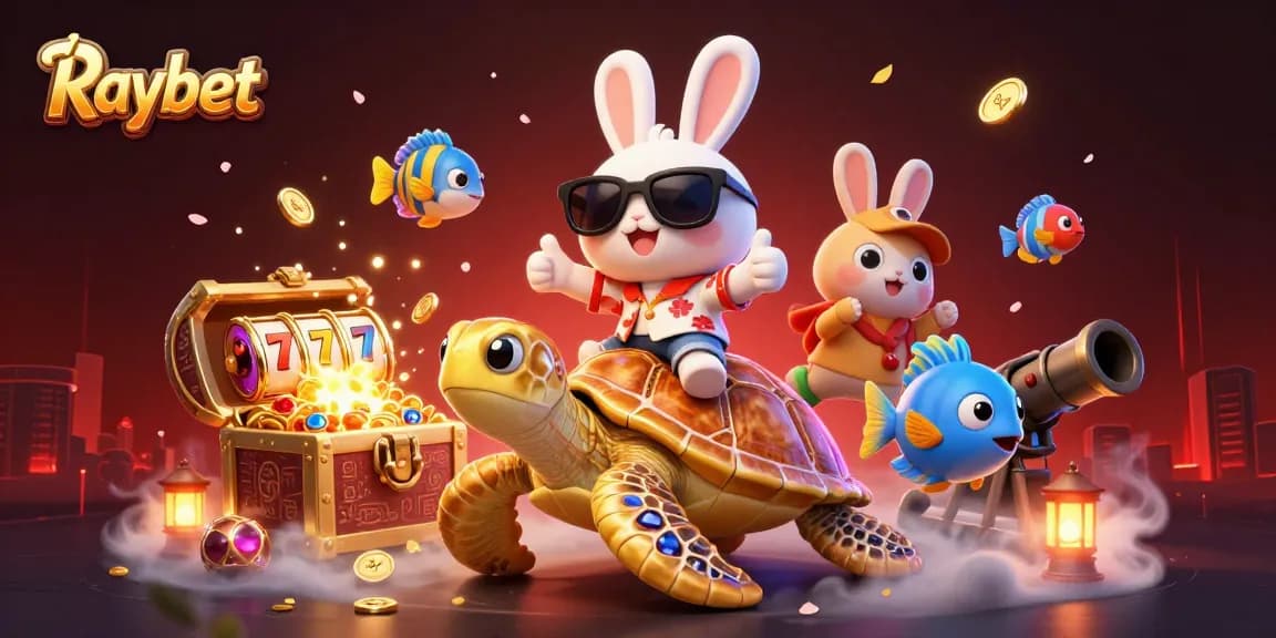 Raybet offers thrilling slots as a lucky rabbit enjoys a jackpot adventure in an exciting underwater casino scene.
