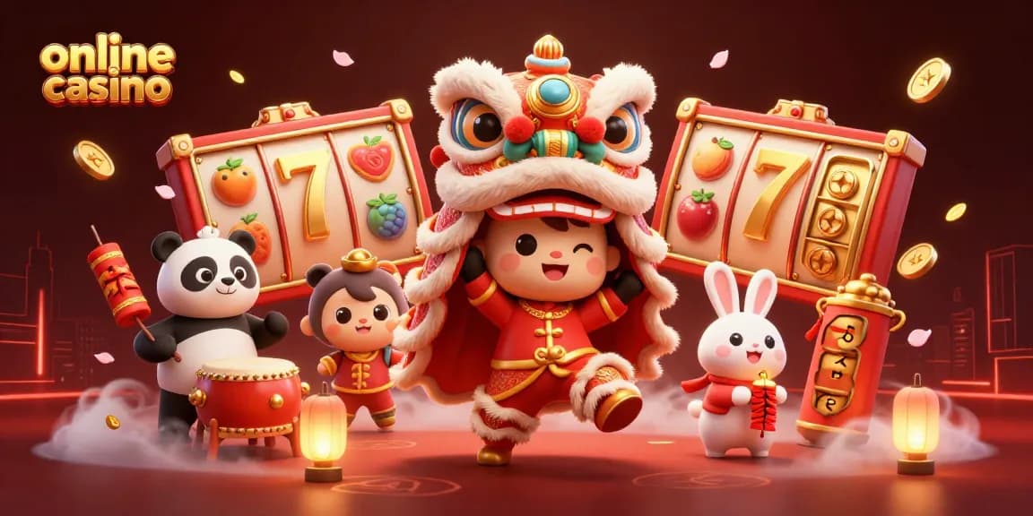 Engage with an exciting online casino scene featuring a lively lion dance, slot games, and festive elements.
