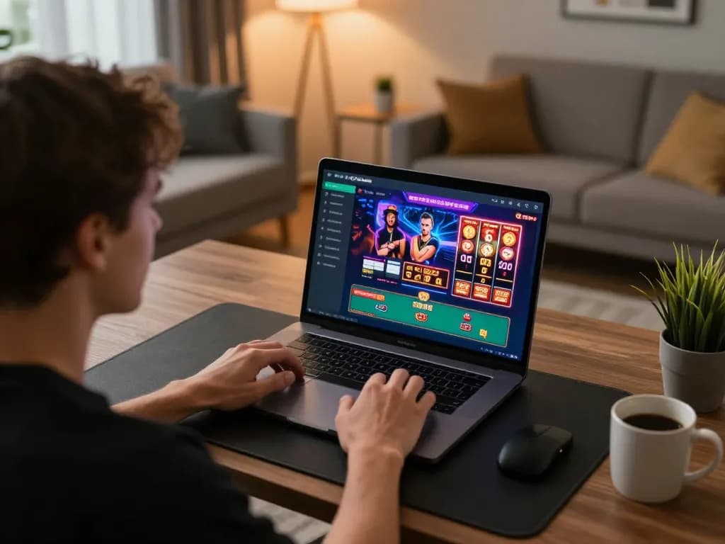 Player enjoys live casino games on sc88 platform in a cozy home setup, highlighting online gambling experience.