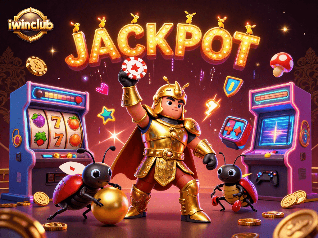 Experience the excitement of iwinclub with a victorious beetle lifting a poker chip amidst rich casino visuals.