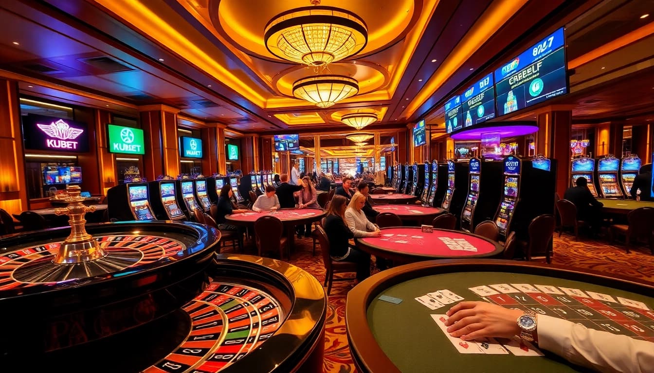 Engage in thrilling games at KUBET casino with luxurious tables and vibrant atmosphere.