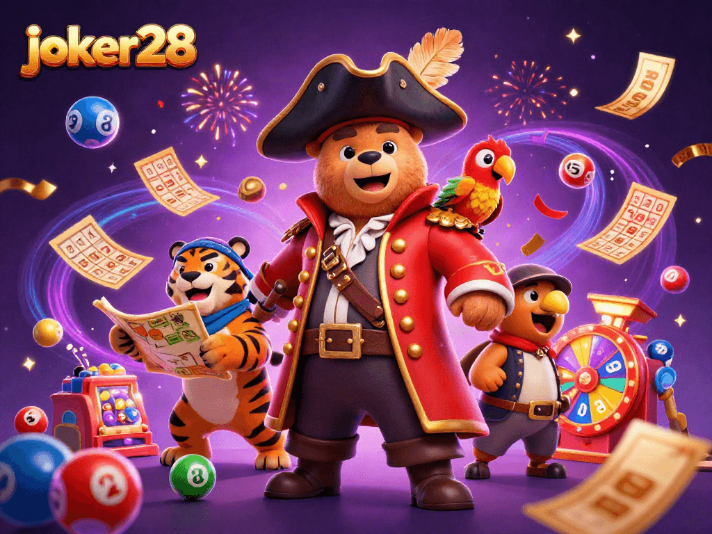 Join the excitement with joker28 as colorful lottery elements burst around charismatic characters!