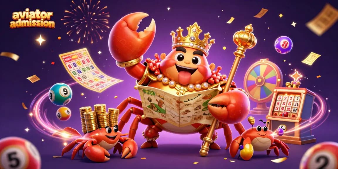 Aviator admission features a golden crab emperor with lottery elements in a vibrant casino scene.
