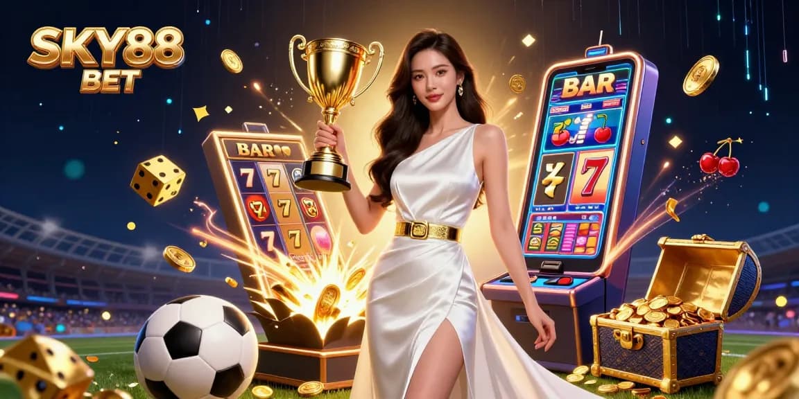 Experience the thrill of SKY88 BET with our vibrant sports betting scene featuring a trophy and jackpot.