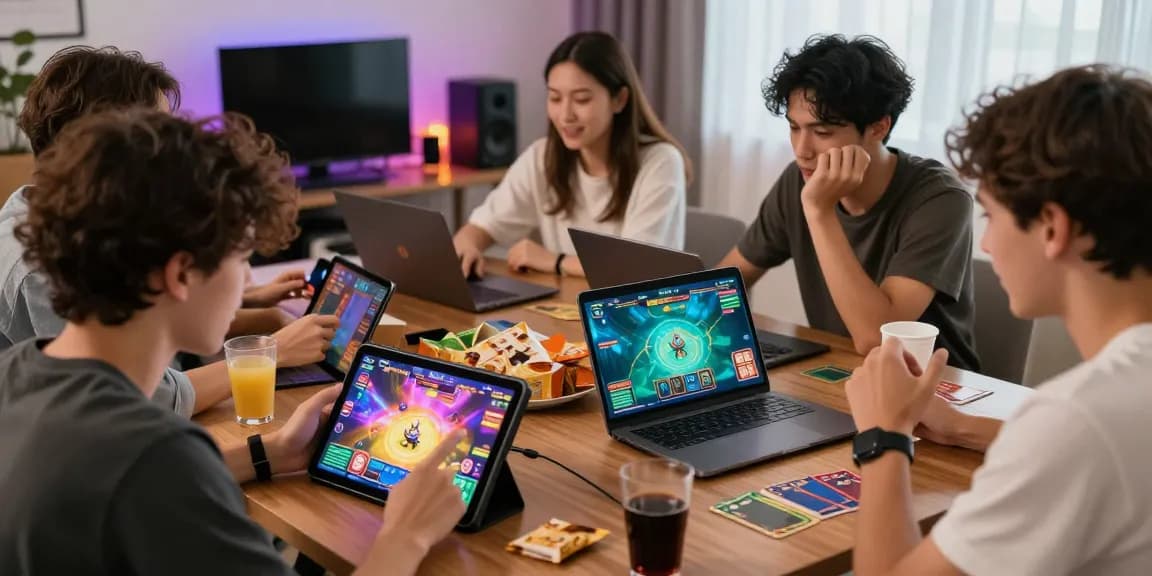Young adults enjoying card games online at gamebaidoithuong.is in a vibrant home setting.