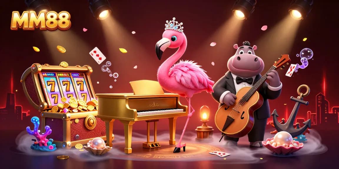 Experience the excitement of MM88 with a vibrant casino scene featuring animated characters and dynamic gambling elements.