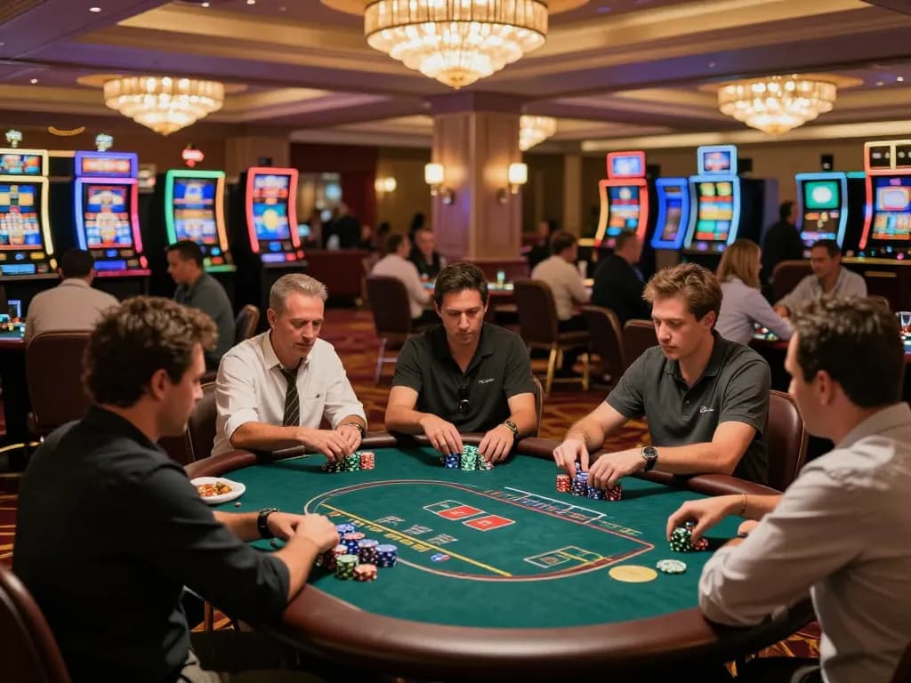 Players engaging intensely at dh88 poker tables with vibrant chips in an upscale casino setting.