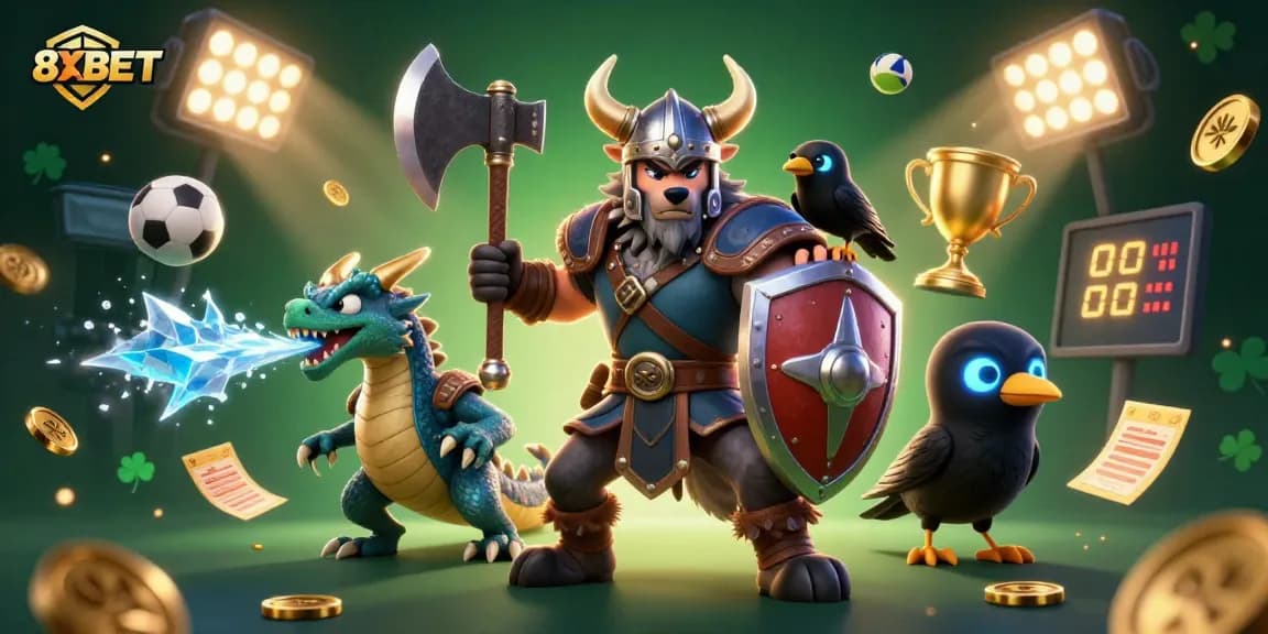 Experience thrilling gameplay with 8XBET in a vibrant 3D casino scene featuring wolves and dragons.