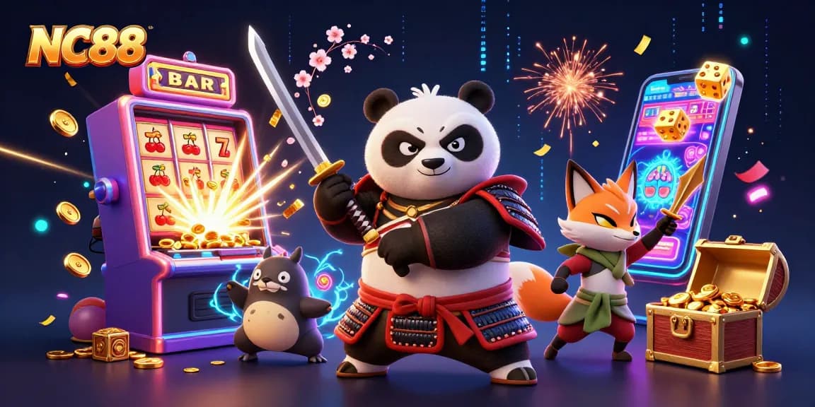 Experience the thrill at NC88 as a panda warrior and ninja fox capture casino excitement with coins and jackpots.