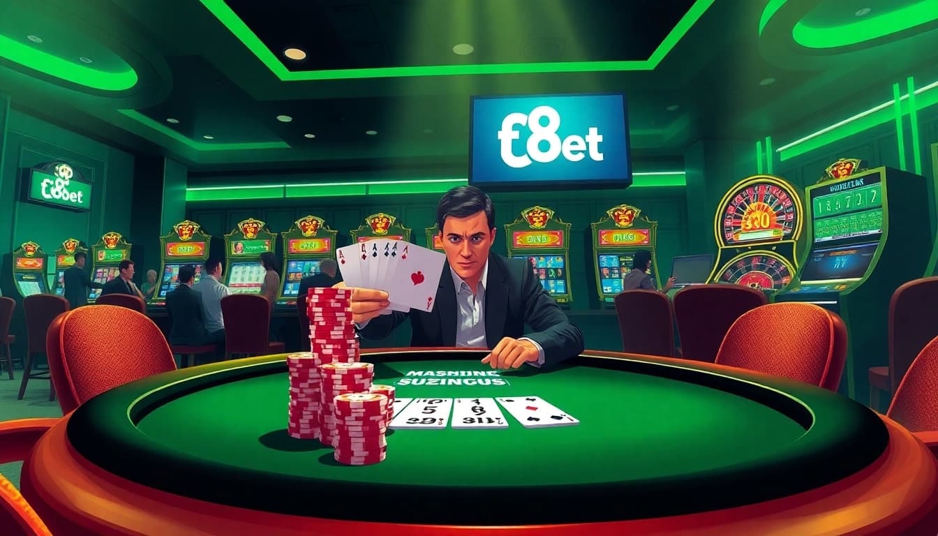 F8bet players enjoying an exciting poker game in a luxurious casino atmosphere.