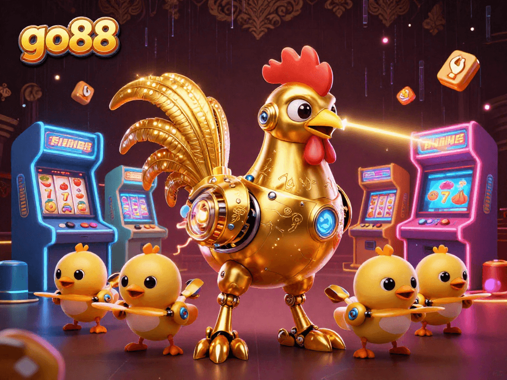 Engage in dynamic gaming with go88's golden rooster robot and baby chick drones amid colorful casino elements.